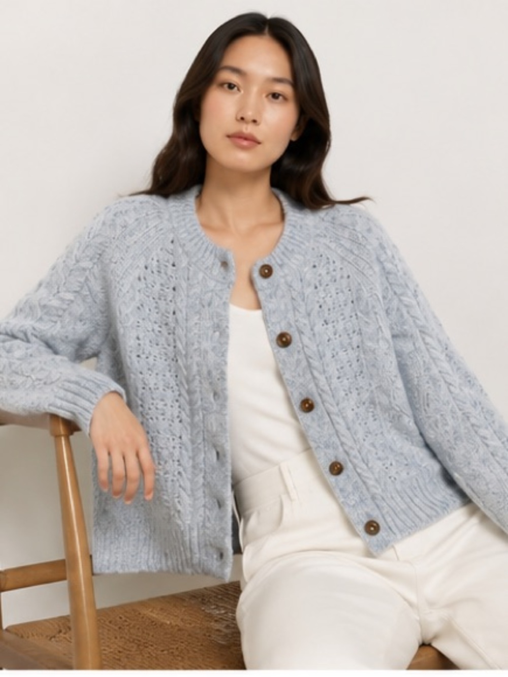 Everlane The Cloud Cable Cardigan M Boxy Cropped Wool Alpaca Blue Knit